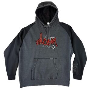 VOLCOM Y2K Embroidered Skater Hoodie Men's XL Gray Black Streetwear *FLAW*